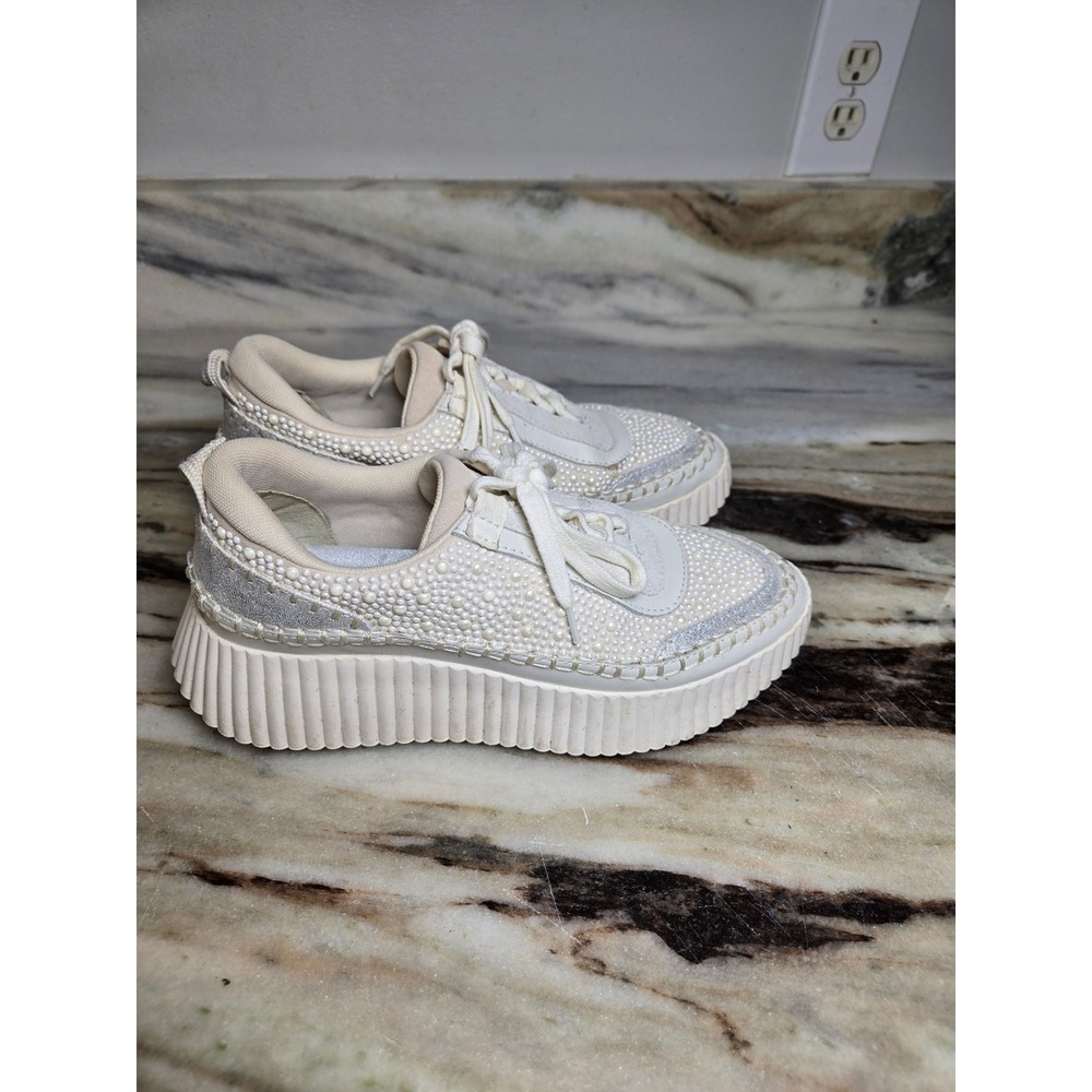 Dolce Vita Dolen Pearl Embellished Platform Sneakers Cream Silver Womens Shoes - Picture 4 of 10
